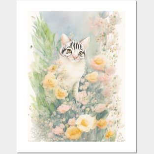 Black and White Cat in the Flower Garden Posters and Art